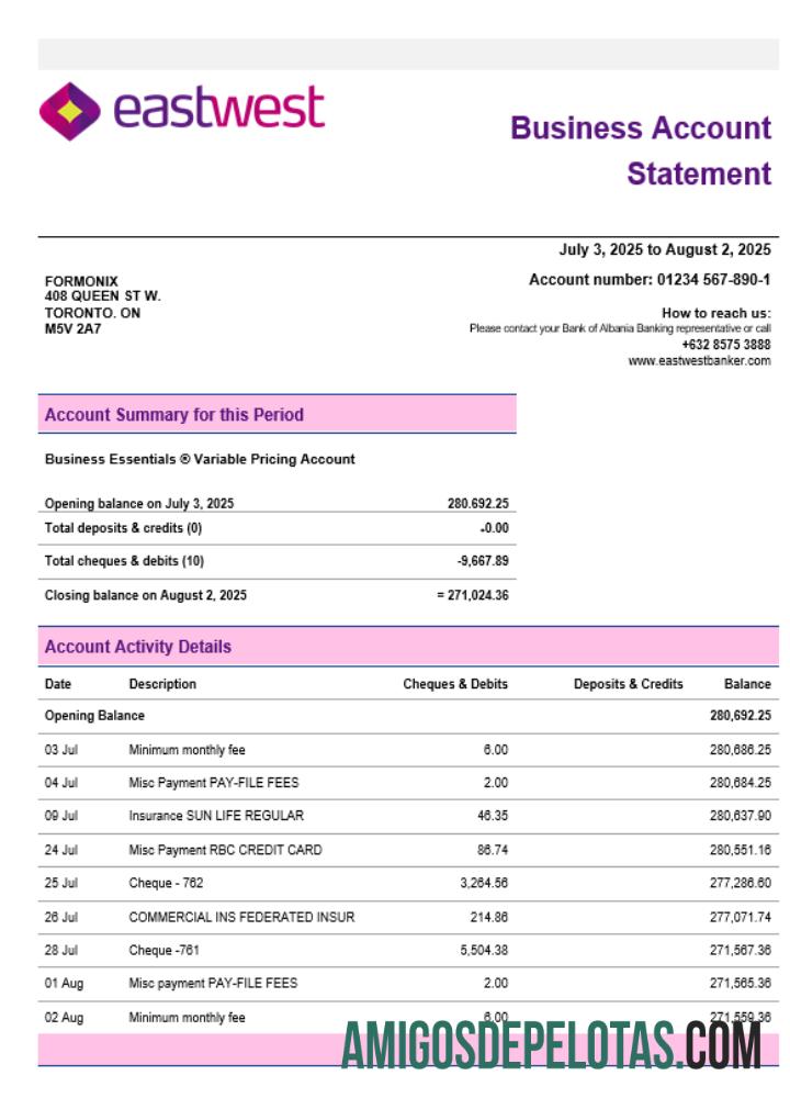 Extrato de conta de empresa comercial EastWest Word Snd formato PDF